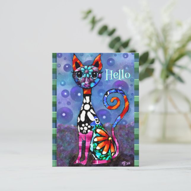 Whimsical Big-Eyed Funky Kitty Cat Personalilzed Postcard (Standing Front)