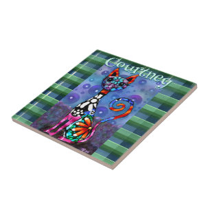 Whimsical Big-Eyed Funky Kitty Cat Personalized Tile