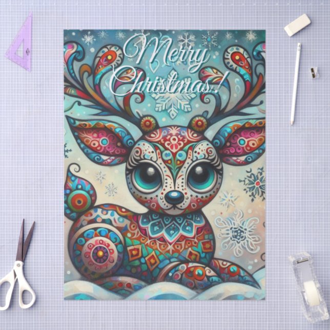 Whimsical Big Eyes Christmas Reindeer Decoupage Tissue Paper (Craft)