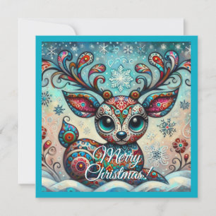 Whimsical Big Eyes Christmas Reindeer Folk Art Holiday Card