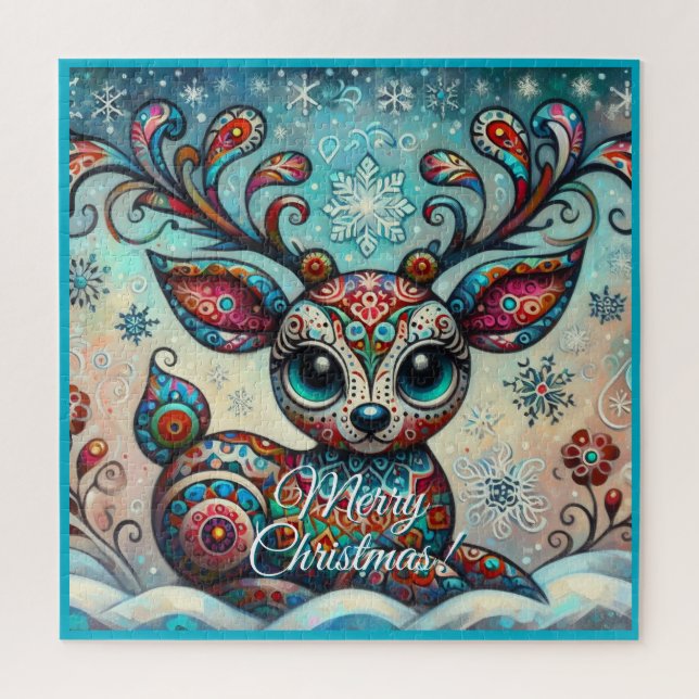 Whimsical Big Eyes Christmas Reindeer Folk Art Jigsaw Puzzle (Vertical)