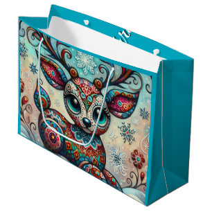 Whimsical Big Eyes Christmas Reindeer Folk Art Large Gift Bag