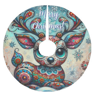 Whimsical Big Eyes Christmas Reindeer Seasonal Brushed Polyester Tree Skirt