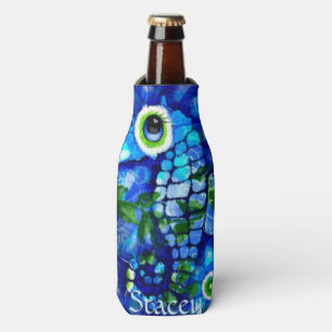 Whimsical Big-Eyes Seahorse Art Blue Personalised Bottle Cooler