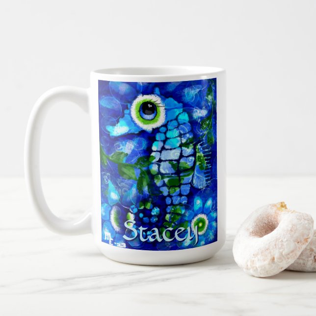 Whimsical Big-Eyes Seahorse Art Blue Personalised Coffee Mug (With Donut)