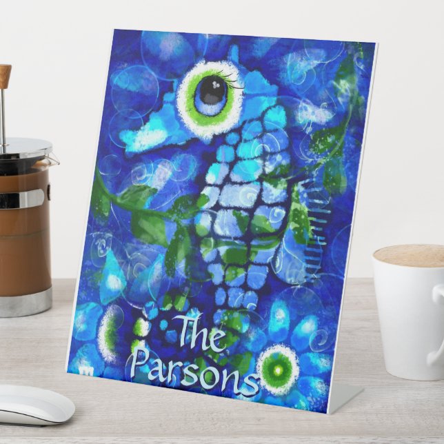 Whimsical Big-Eyes Seahorse Art Blue Personalised Pedestal Sign (In SItu)