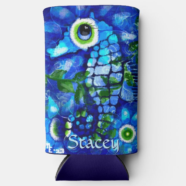 Whimsical Big-Eyes Seahorse Art Blue Personalised Seltzer Can Cooler (Front)