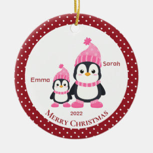 Whimsical Big Sis & Lil' Sis Penguins Personalized Ceramic Tree Decoration