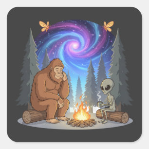 Whimsical Bigfoot and Alien Campfire Galaxy Square Sticker