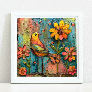 WHIMSICAL BIRD AND FLORAL POSTER