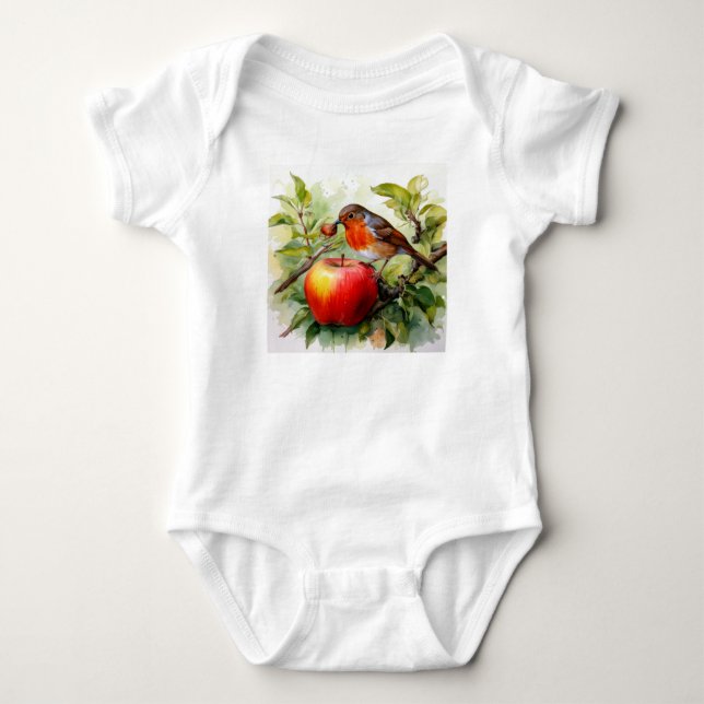 Whimsical Bird & Apple Delight Baby Bodysuit (Front)