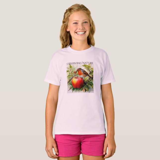  Whimsical Bird & Apple Delight T-Shirt (Front Full)