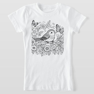 Whimsical Bird & Butterfly Floral Line Art T-Shirt