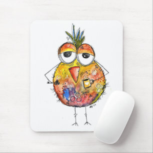 Whimsical Bird Drinking Coffee Mouse Pad