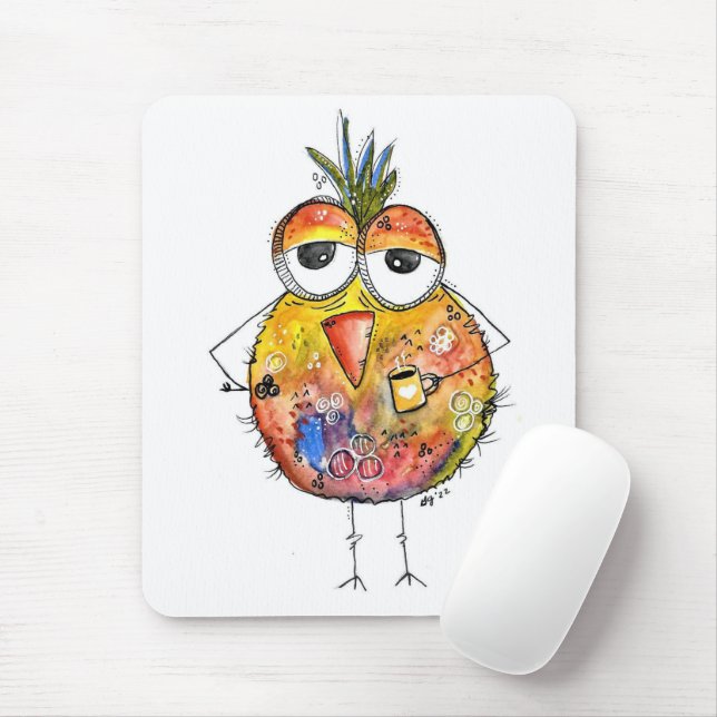 Whimsical Bird Drinking Coffee Mouse Pad (With Mouse)