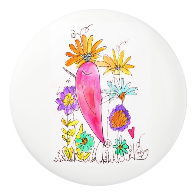 Whimsical Bird Flowers and Heart Door Knob (Front)