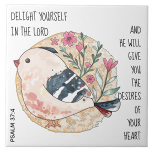 Whimsical bird & flowers, w/ verse from Psalm 37:4 Tile