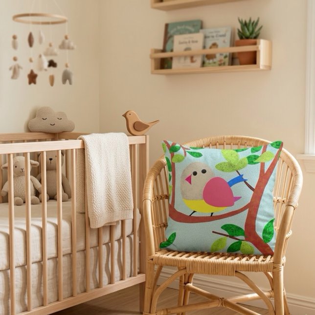 Whimsical Bird in Tree Textured Illustration Cushion (Creator Uploaded)