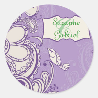 Whimsical Bird Monogram Classic Round Sticker