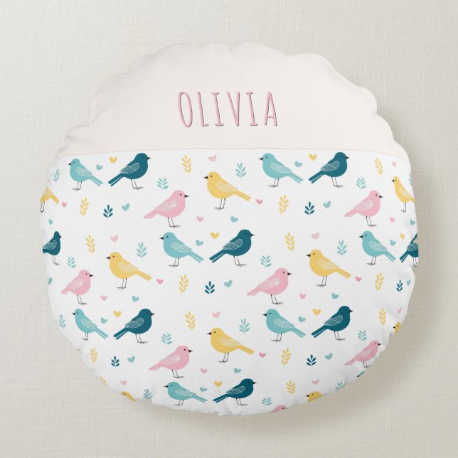 Whimsical Bird Pattern Personalised Pink & Teal Round Cushion (Front)