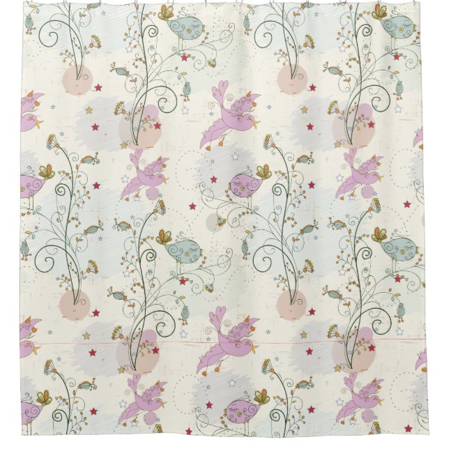 Whimsical Bird Pattern Shower Curtain (Front)