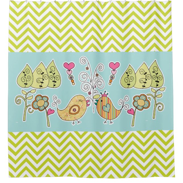 Whimsical Birds and Flowers Chevron Stripe Shower Curtain (Front)