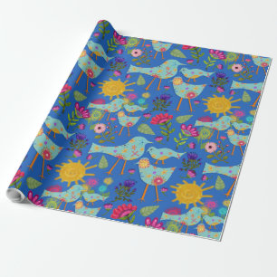Whimsical Birds and Flowers Sunshine Day Wrapping Paper
