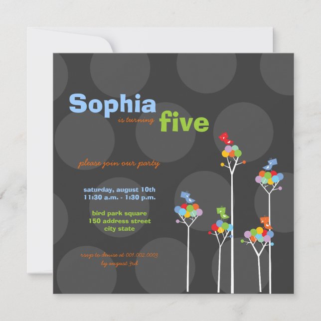 Whimsical Birds Dotted Trees Kids Birthday Party Invitation (Front)