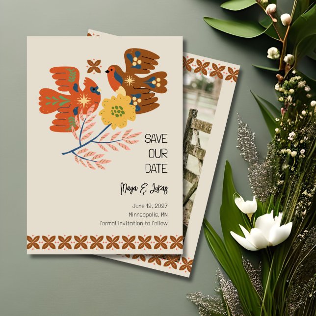 Whimsical Birds Folk Art Save the Date Invitation (Our easy-to-use template allows you to personalize this design in no time. )