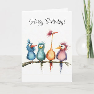 Whimsical Birds Group Happy Birthday Greeting Card