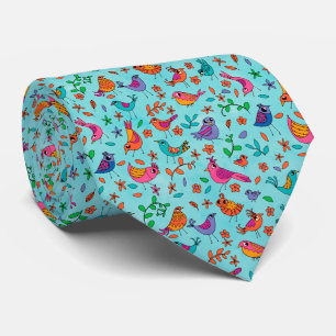 Whimsical Birds on Blue Pattern Tie