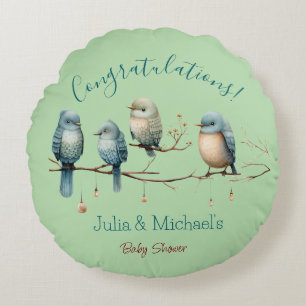 Whimsical Birds on Branches  Pastel Baby Shower Round Cushion