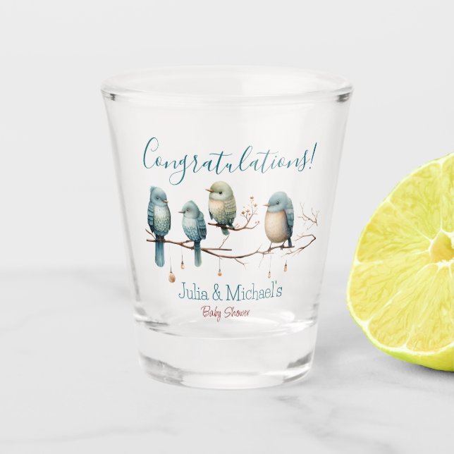 Whimsical Birds on Branches  Pastel Baby Shower Shot Glass (Front)