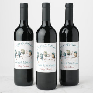 Whimsical Birds on Branches  Pastel Baby Shower Wine Label