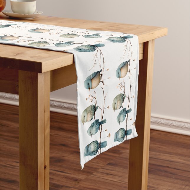 Whimsical Birds on Branches Timeless Elegance Short Table Runner (In Situ)