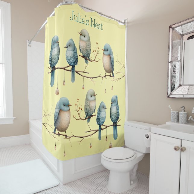 Whimsical Birds on Branches Timeless Elegance Shower Curtain (In Situ)
