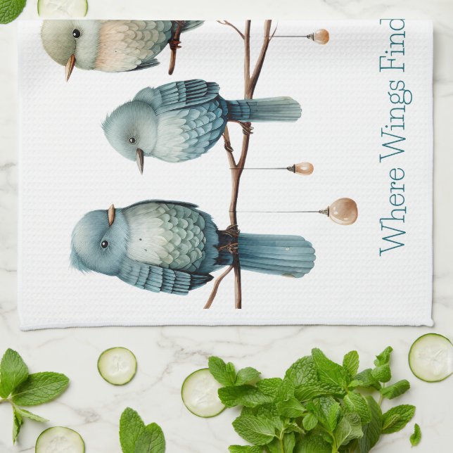 Whimsical Birds on Branches Timeless Elegance Tea Towel (Folded)