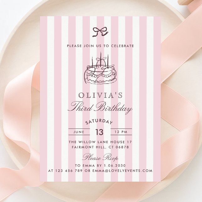 Whimsical, birthday cake, Pink Bow & Stripes  Invitation (Creator Uploaded)
