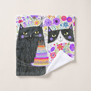 Whimsical Birthday Cats Floral Bouquet Bath Towel Set