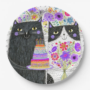 Whimsical Birthday Cats Floral Bouquet Paper Plate