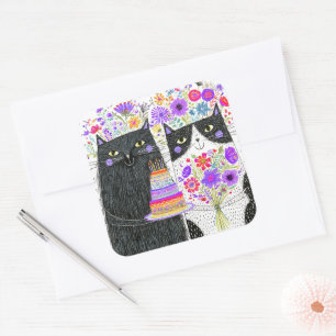 Whimsical Birthday Cats Floral Bouquet Square Sticker