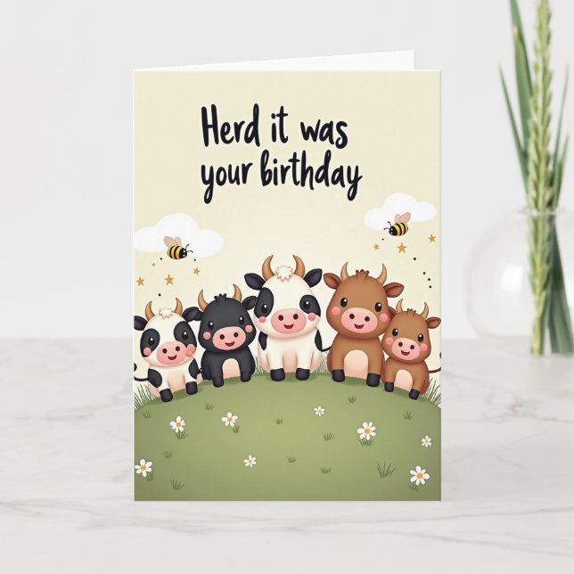 Whimsical Birthday Cow Art Card (Front)