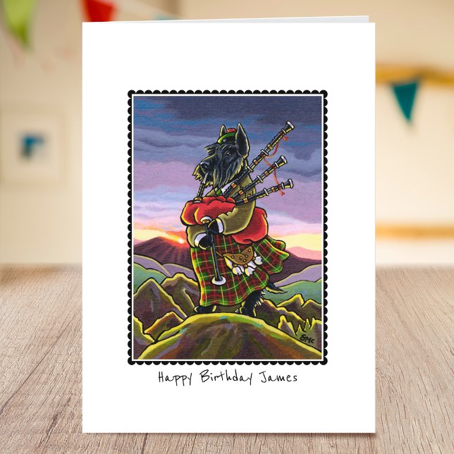 Whimsical Birthday Scottie Bagpipes Greeting Card (Creator Uploaded)