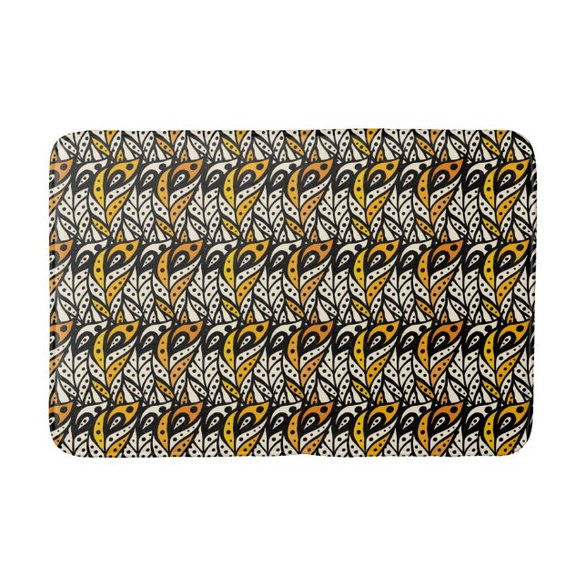 Whimsical black and gold peacock feather pattern bath mat (Front)