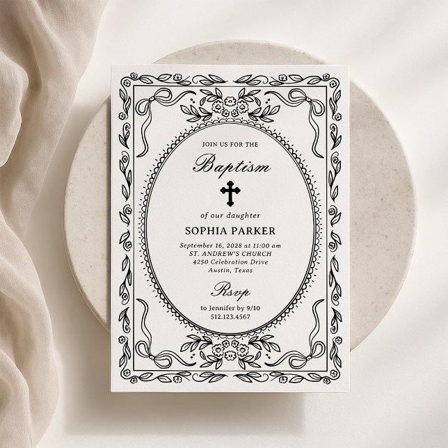 Whimsical Black and White Coquette Frame | Baptism Invitation (Creator Uploaded)