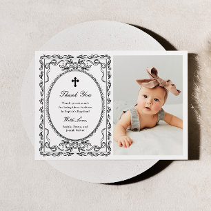 Whimsical Black and White Coquette Photo Baptism Thank You Card