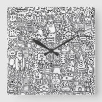  "Whimsical Black and White Doodle Clock