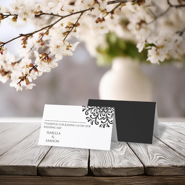 Whimsical Black and White Flourish Place Card (Creator Uploaded)