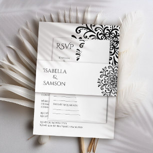Whimsical Black and White Flourish Wedding Invitation Belly Band