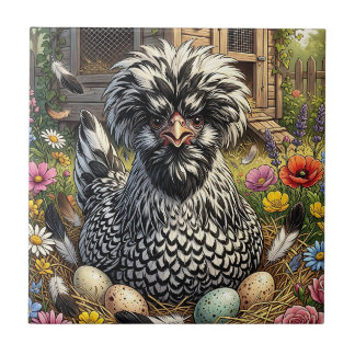 Whimsical Black and White Polish Chicken Coop Tile